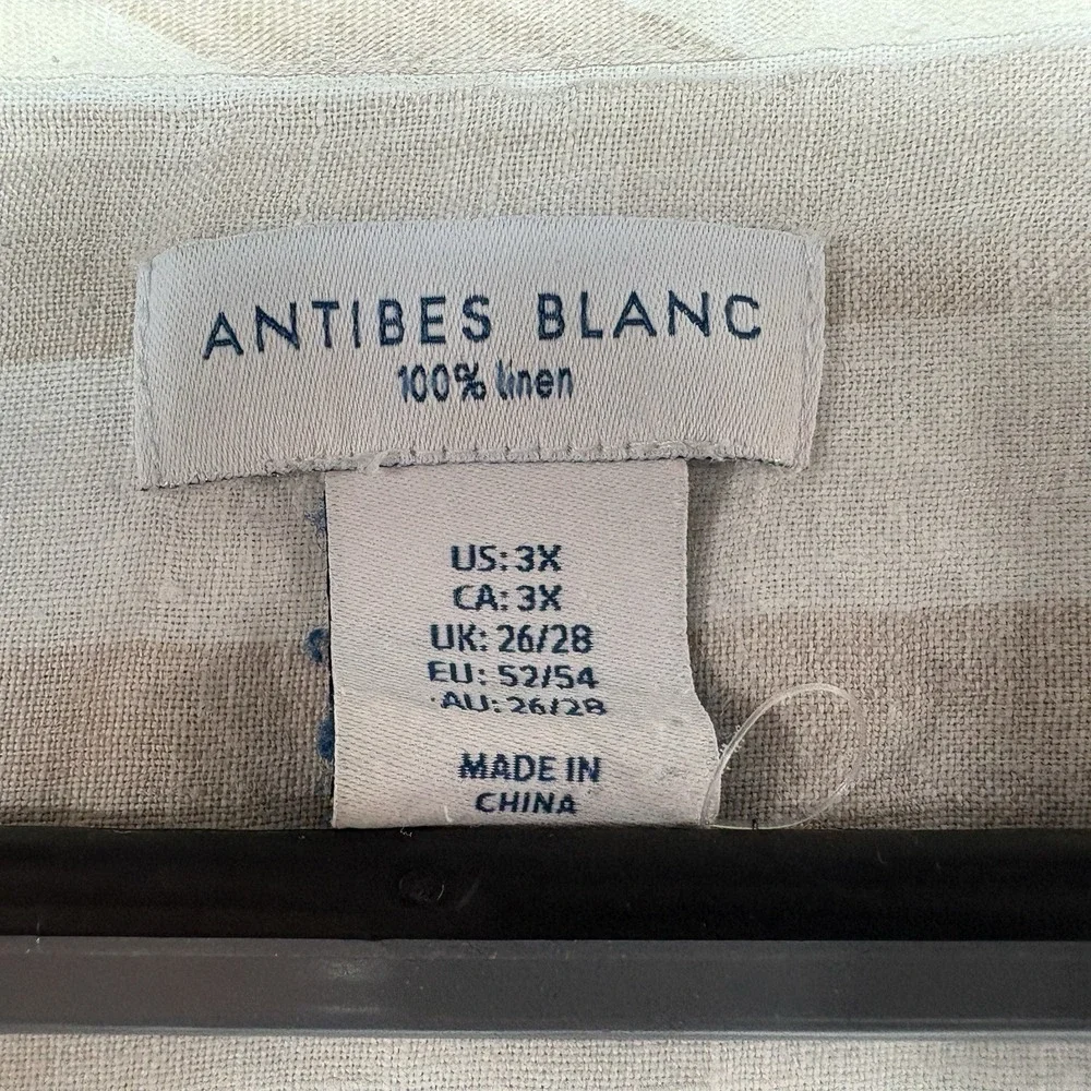 Antibes Blanc 100% Linen Tunic Top Size 3X Beige White Stripe Roll Tab Sleeve
